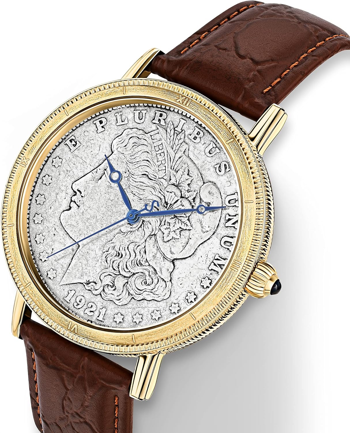 Stauer Morgan Silver Dollar Men's Watch with Swiss Movement – Stainless Steel Vintage Watch with Genuine Silver Coin and Brown Leather Band, 45mm