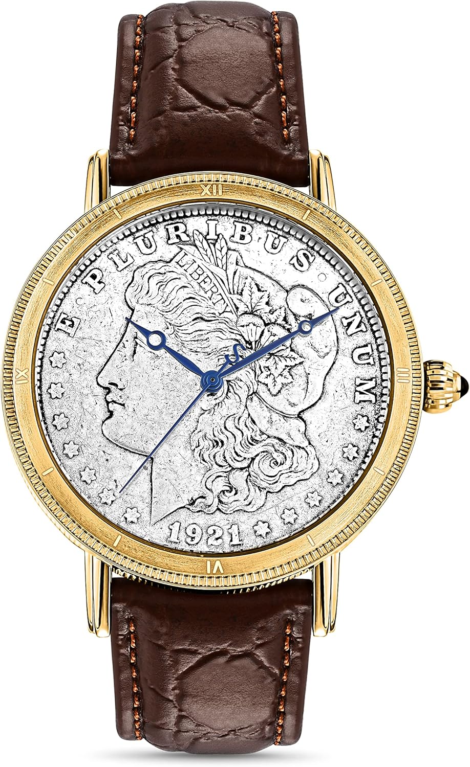 Stauer Morgan Silver Dollar Men's Watch with Swiss Movement – Stainless Steel Vintage Watch with Genuine Silver Coin and Brown Leather Band, 45mm
