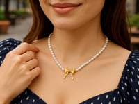 14K Yellow Gold Bow and Pearl Necklace